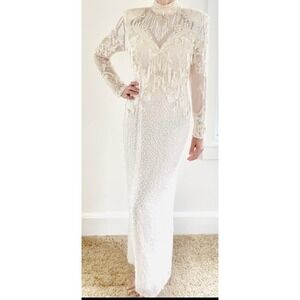 Vintage 80's White‎ Beaded gown Lillie Rubin. Silk Pageant Wedding Dress. Sz 14